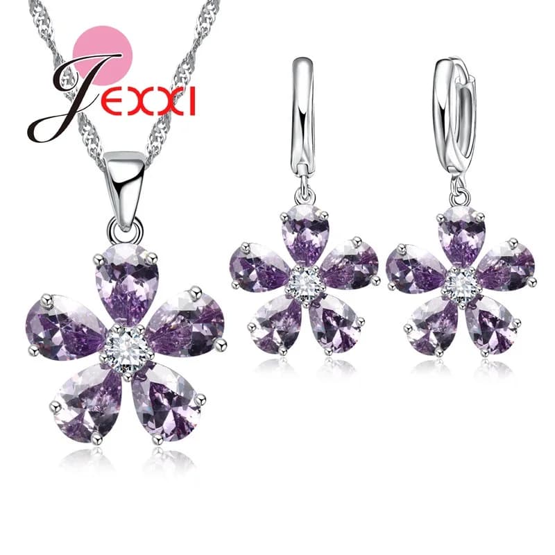 Wedding Jewelry Sets Sterling Silver  AAA Zirconia Flower Pendant Neckalce Earrings Women Party Jewelry Set 5 Colors