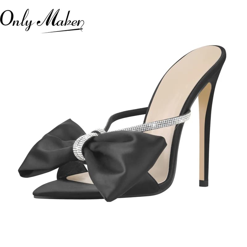 Onlymaker Women Mules Sandals Pointed Toe Crystal Butterfly-knot Slip on Thin High Heels Elegant Party Wedding Summer Sandals