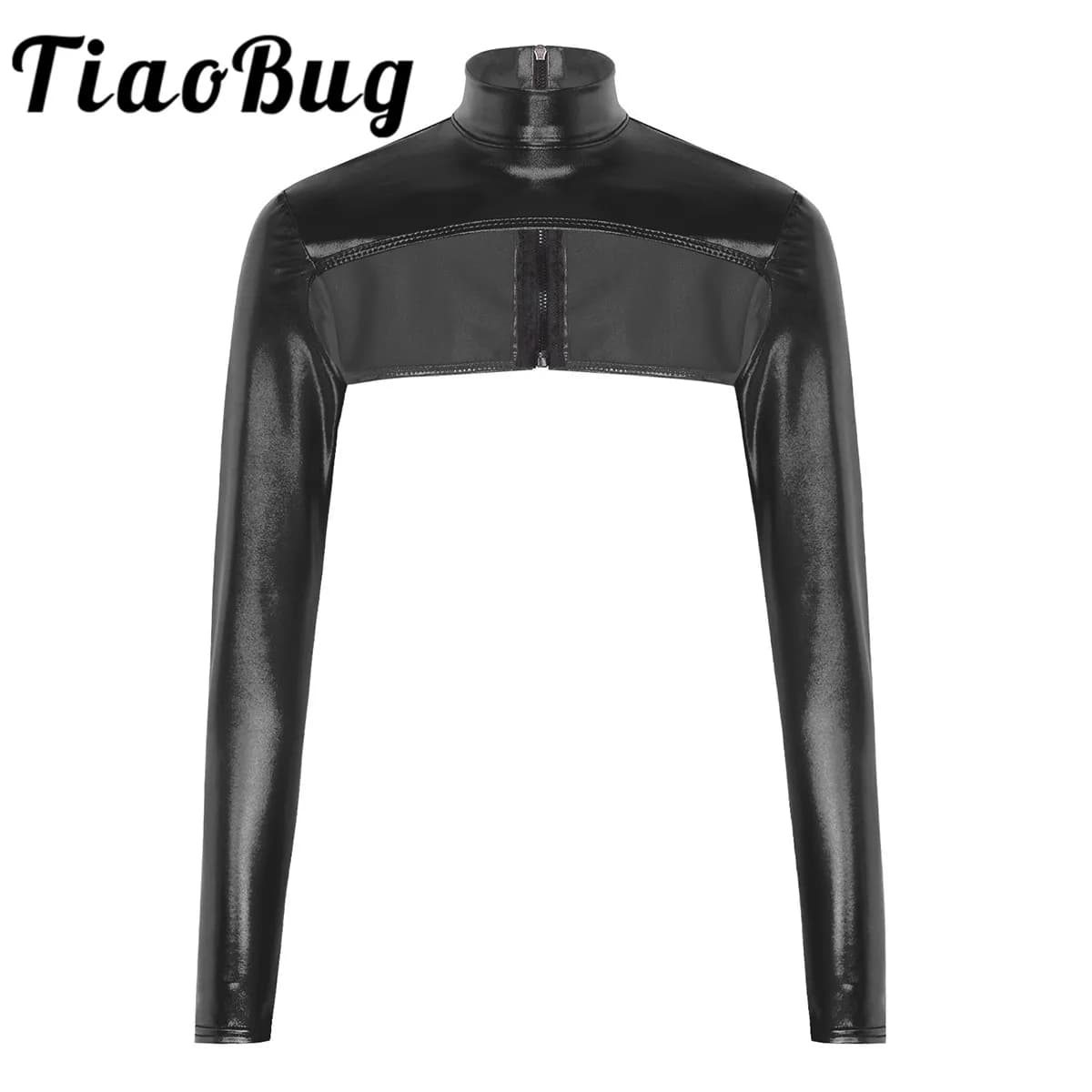 Fashion Female Women Shiny Metallic High Neck Long Sleeves Back Zip Up Form Fitting Shrugs Crop Top for Party Dress