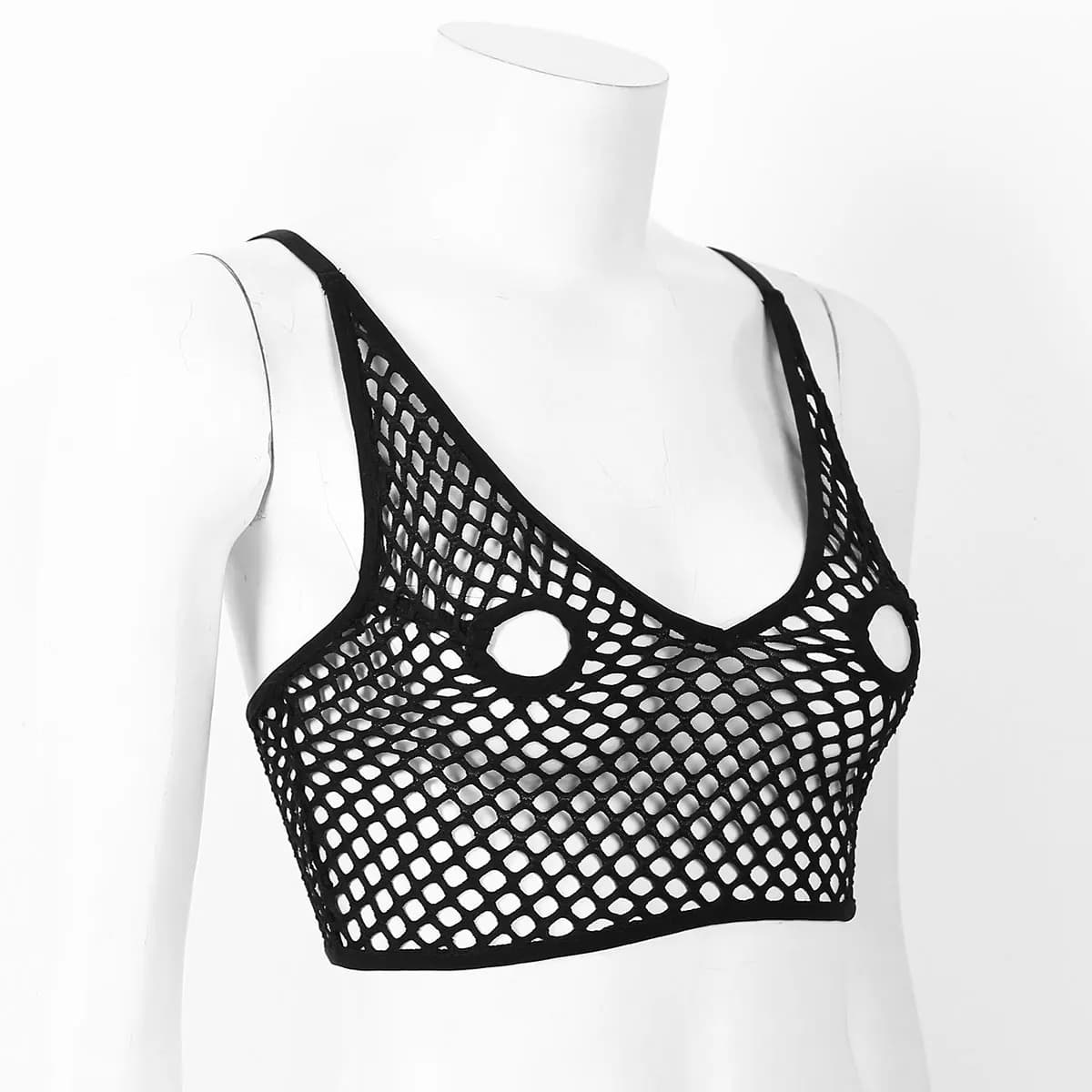 Womens Female Erotic Hollow Out Netted Lingerie Adjustable Spaghetti Shoulder Straps Nipples Hollow Out Mesh Longline Bra Tops