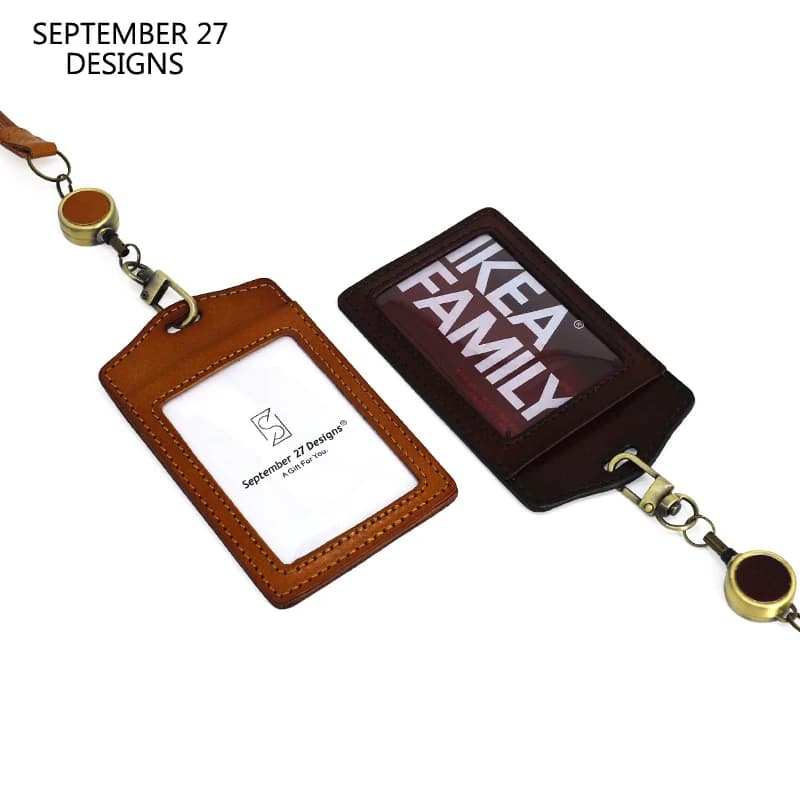 ID Badge Holder For Office Work Genuine Leather Luxury Handmade Reel Neck Lanyard Identity Hanging Neck Badge Cowhide Tag