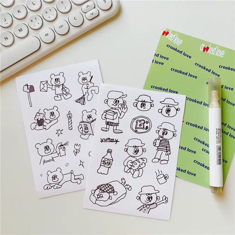 Ins Cartoon Bear Boy Cute Stickers PVC Waterproof Black White Paster Stationery Mobile Phone Kawaii Diy Decorative Sticker