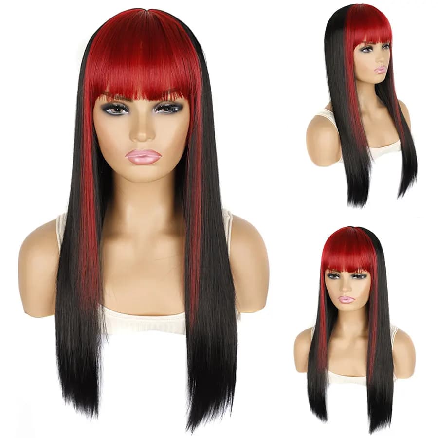 OUCEY Synthetic Hair Long Straight Black Wig With Colored Bangs Wigs for Women Cosplay Wig Heat Resistant Fiber Wigs Women