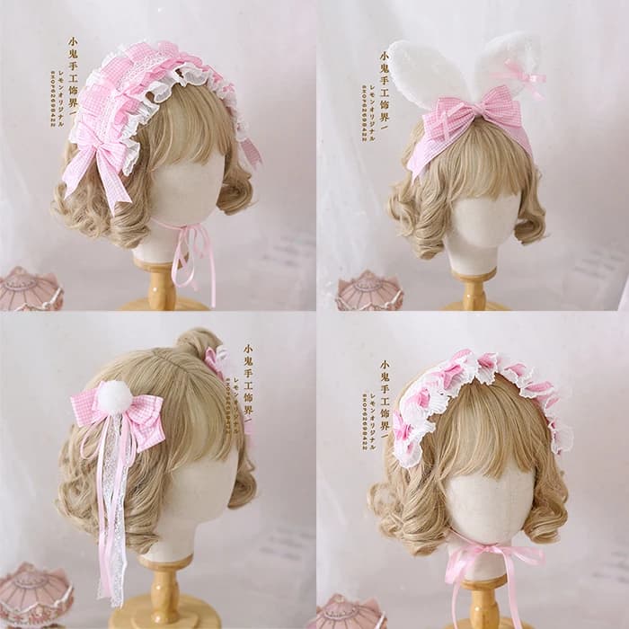 Japanese Lolita Rabbit Ear Lolita Sweet Ci KC Pink and White Plaid Edge Clamp Headband May Be Gingerbread House AP Sweet