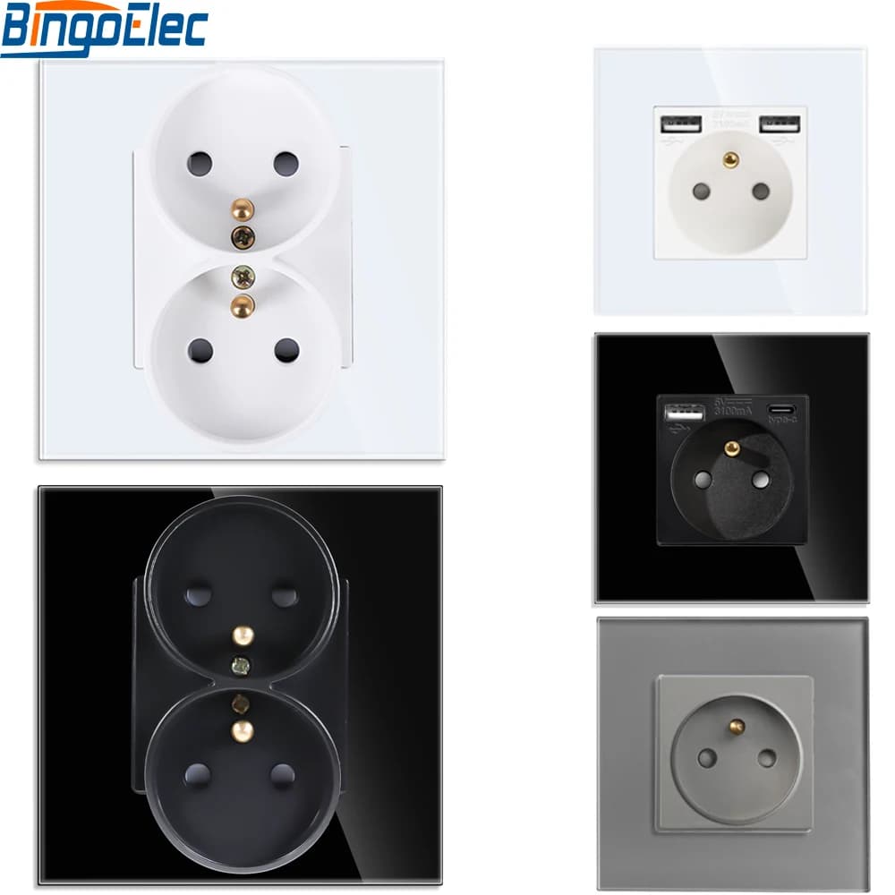 France Standard Double Sockets French Type-c Outlets 110-250V Glass Panel USB Charging Port Electrical Plug Home Inprovement