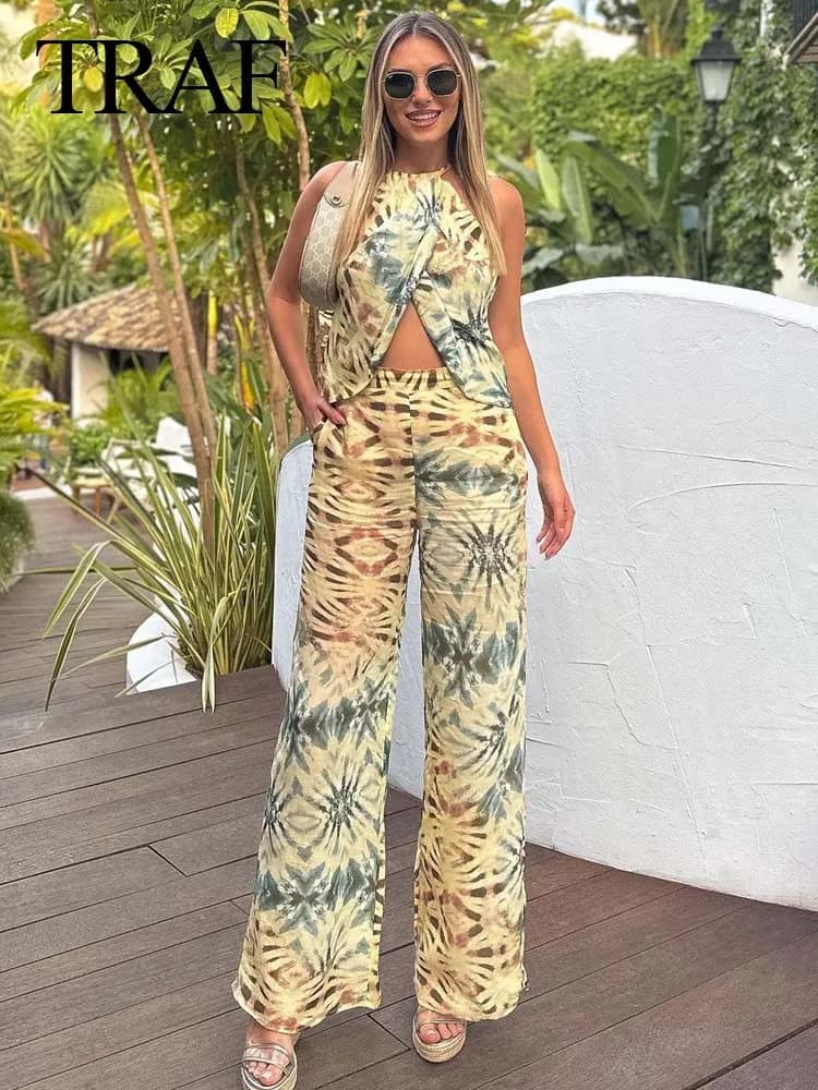 TRAFZA Women Fashion Suit Floral Print Halter O Neck Strap Cotton Linen Camis Tops + Chic Side Zipper Indie Folk Wide Leg Pants