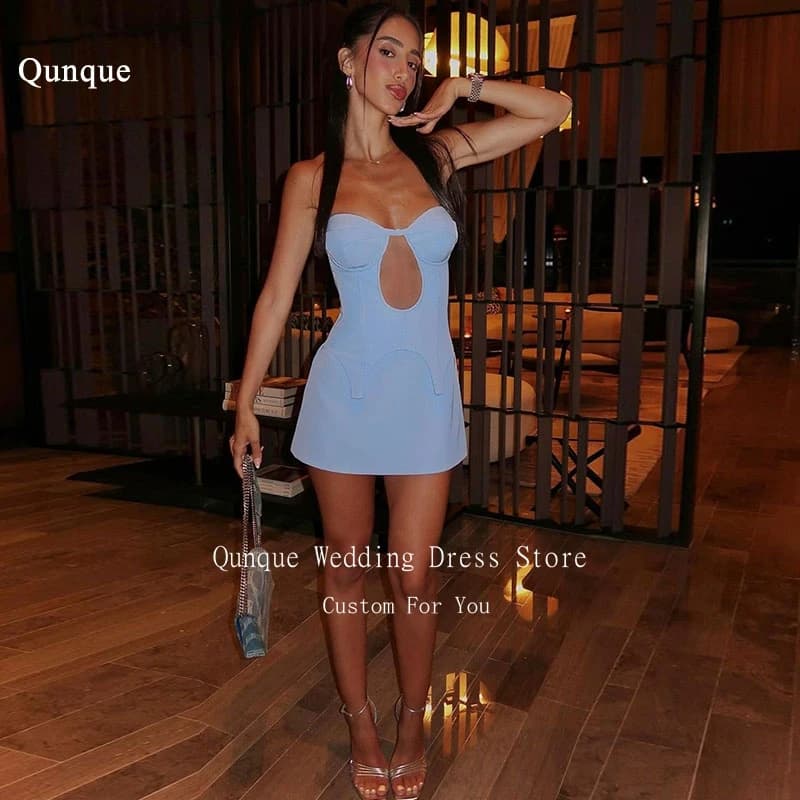 Qunque Short Sky Blue Cocktail Dresses Satin Sleeveless Above Knee Hollow Out Party Club Gowns Vestidos De Graduación Customized