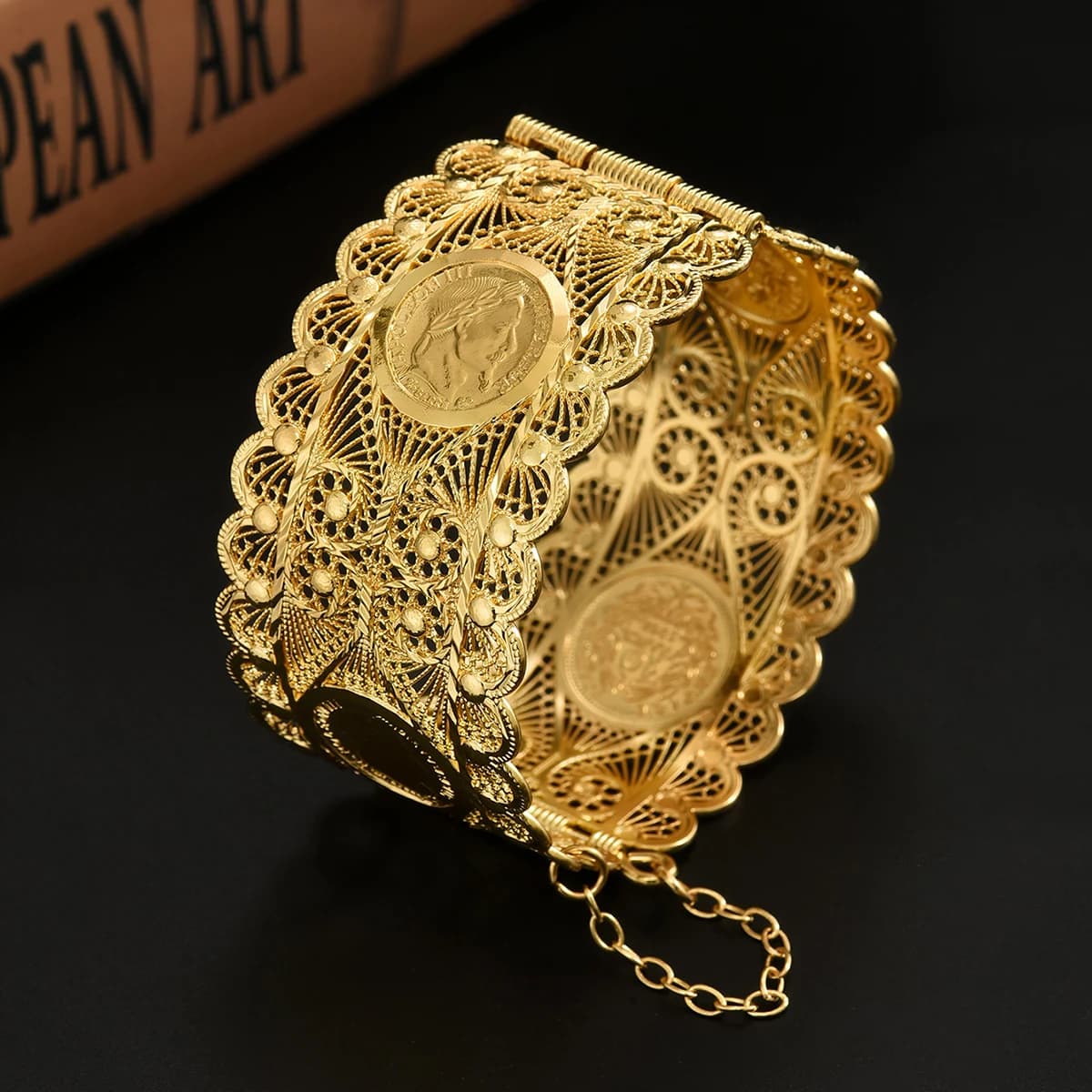 An Algerian Bride's Bracelet Jewelry With Napoleon Graphic Coin Design Finely Carved, A Wrist Accessory For Wedding Dress