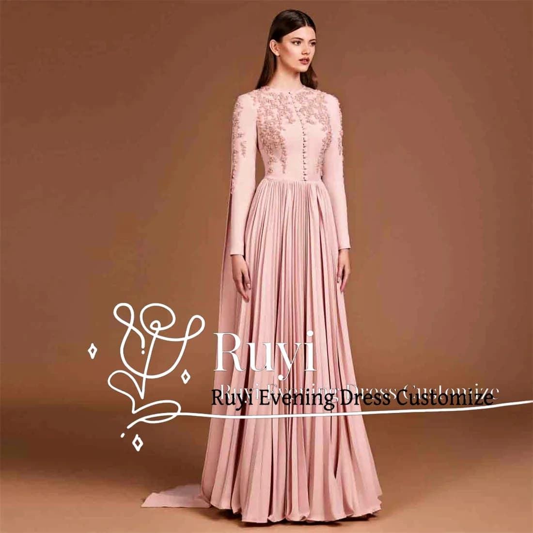 Customized Pink Long Sleeves Floral Applique Prom Dresses For Special Occasion Buttons Pleated A-line Elegant Evening Dress