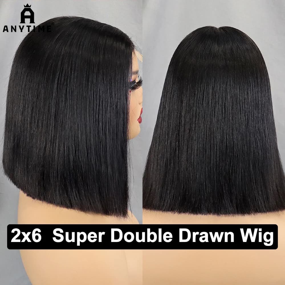 Glueless Wig Double Drawn 12A Hair 350% Density Straight Bob Human Hair Wig 2x6 HD Lace Closure Frontal Wigs for Women