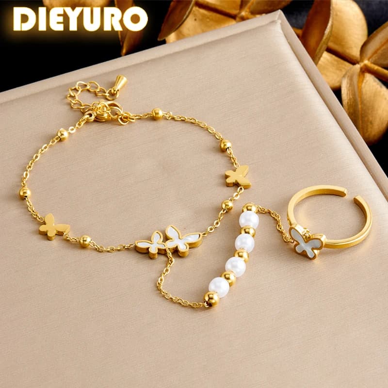 DIEYURO 316L Stainless Steel White Shell Solid Butterfly Finger Ring Chain Bracelet For Women New Fashion Jewelry Party Gifts