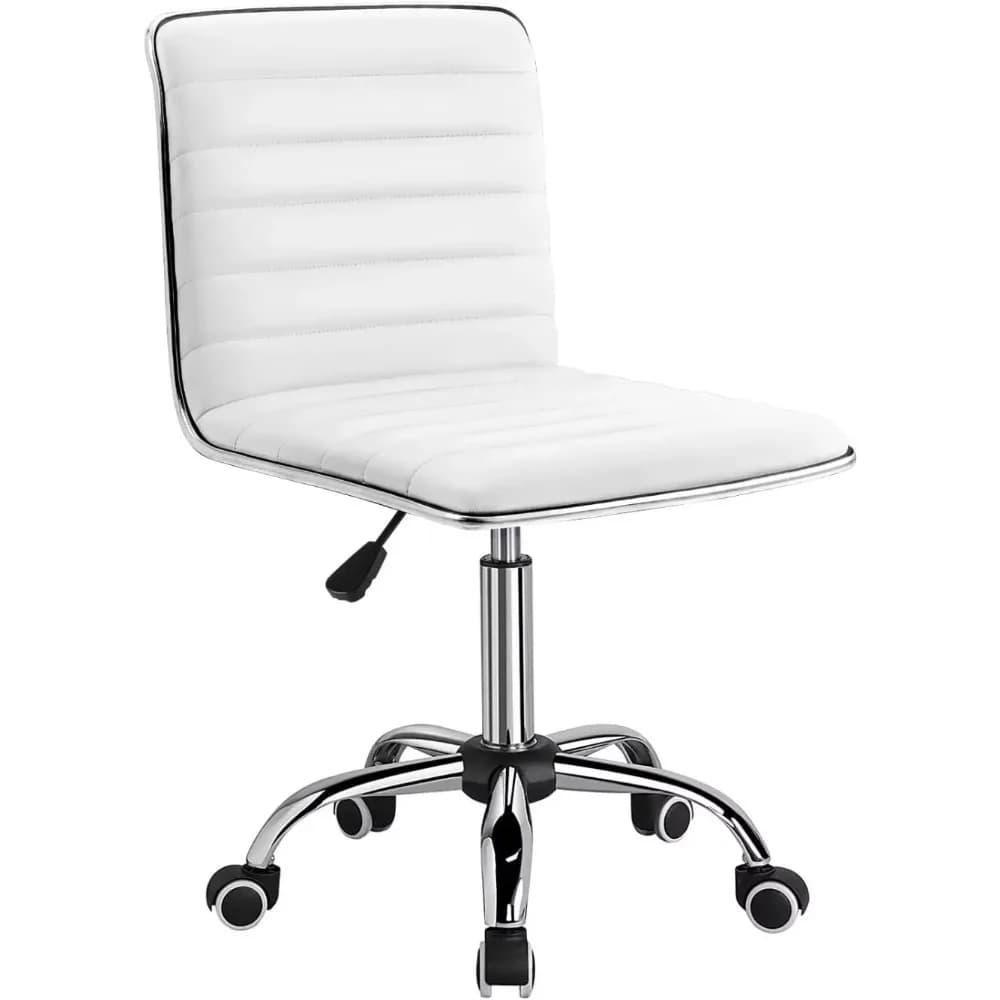Mid Back Vanity Chair for Makeup Room, Low Back PU Leather Swivel Computer Desk Chair, Task and Office Chair Retro (White)