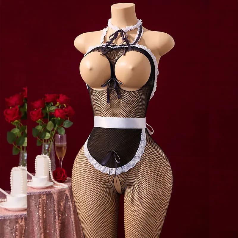 Porn Maid Role Play Crotchless Body Stockings For Sex Woman Open Bra Erotic Clothing Seduction Fishnet Sexy Lingerie With Apron