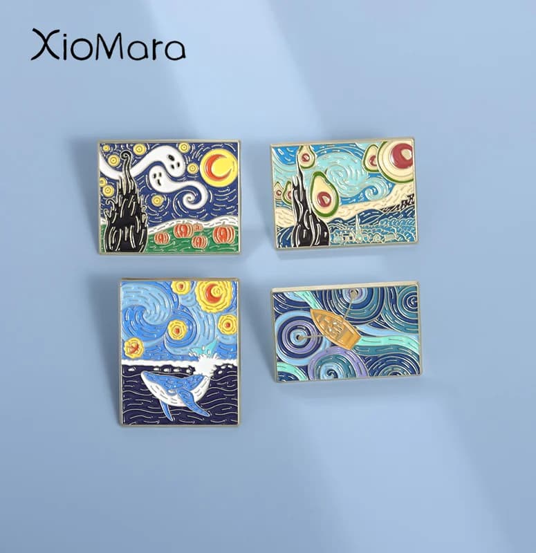 Abstract Oil Painting Enamel Pins Custom Night Sky Ocean Whale Brooches Lapel Badges Punk Jewelry Gift for Friends