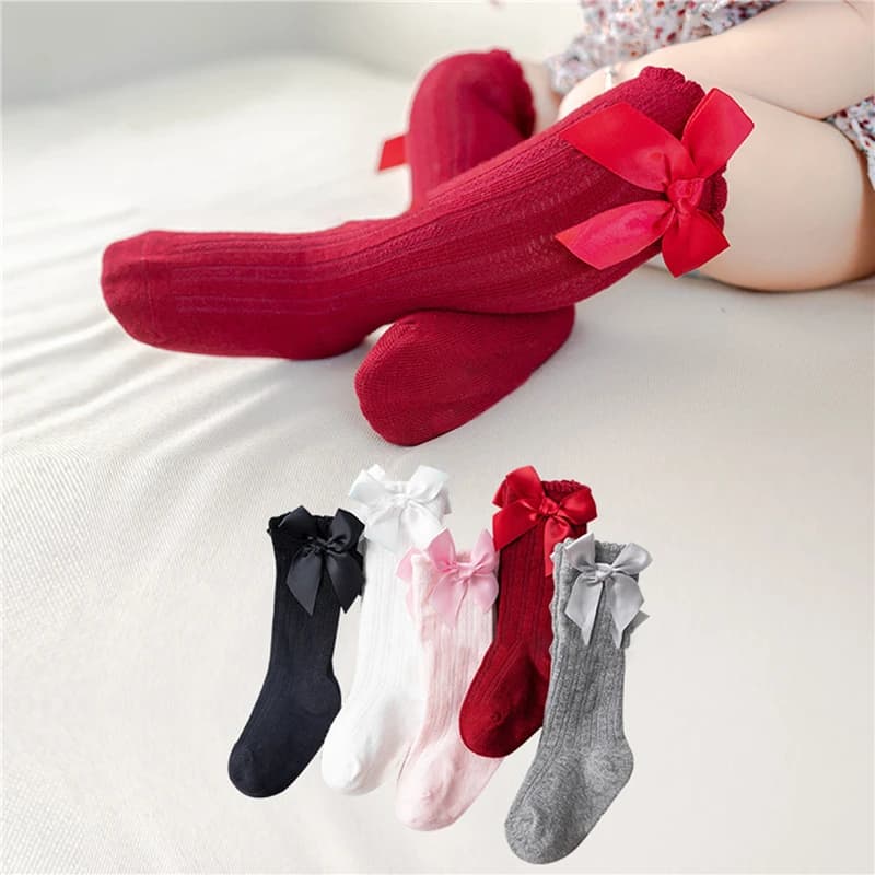Baby Little Girls Breathable Socks Cute Bowknot Knee High Children Tube Socks Fashion Bows Solid Color Kids Socks