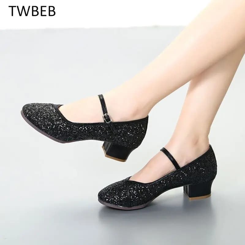 Women's Sequin Professional Latin Dance Shoes Low-heeled Shoes Closed Toe Salsa Tango Ballroom Standard Dance Shoes Women