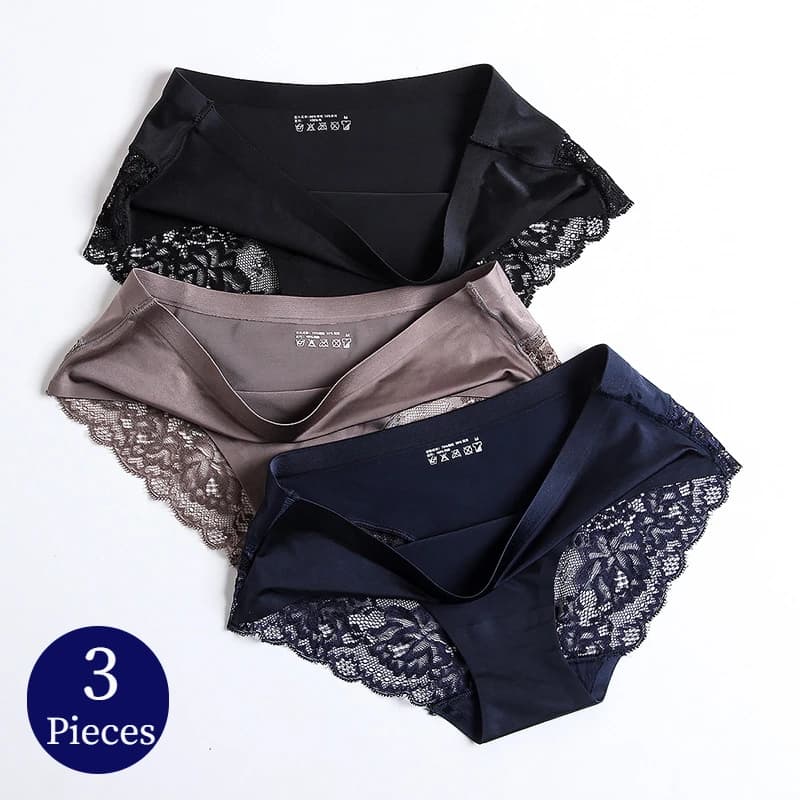 WHPC 3PCS/Set Lace Women's Panties Big Size 4XL Soft Cozy Underwear Female Silk Satin Briefs Breathable Underpants Sexy Lingerie