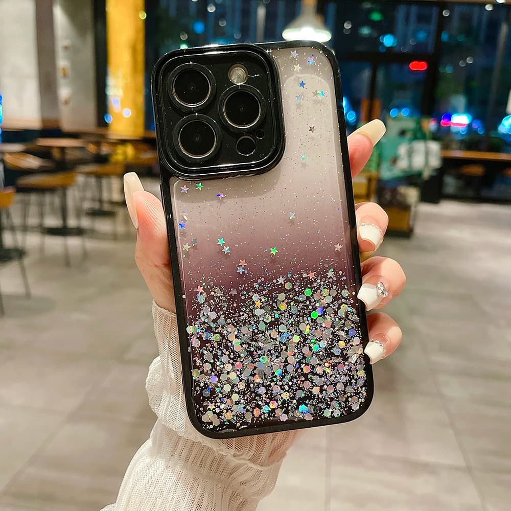 Soft TPU Phone Case For iPhone 15 Pro Max Plus Gradient Glitter Sequin Clear Back Cover