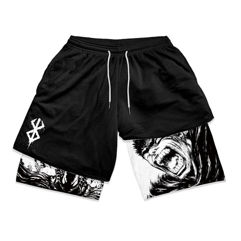 2 in 1 Running Shorts for Men Berserk Print Gym Workout Fitness Athletic Shorts with Pockets Summer Activewear Quick Dry
