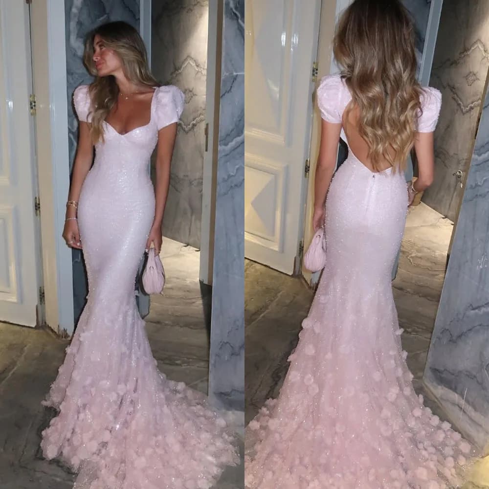 Customized High Quality V-neck Floor Lenth Pink Appliques Short Sleeves Backless Mermaid  فساتين نسائيه ماركة Vestidos De Gala