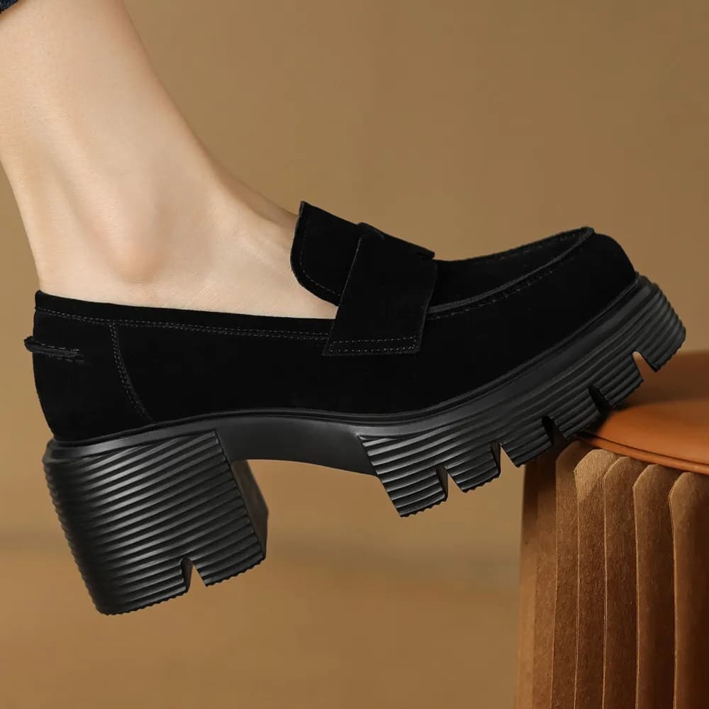 Women's natural suede leather chunky heel platform flats loafers round toe casual female winter warm plush moccasins shoes woman