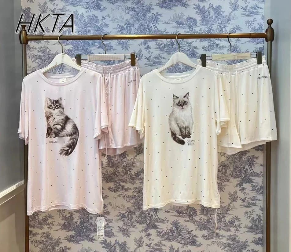 Japanese Style New Cute Cat Dot Short Sleeve Top T-shirt Women Shorts Modal Cotton Pajamas Pullovers Home Wear Suit Homewear