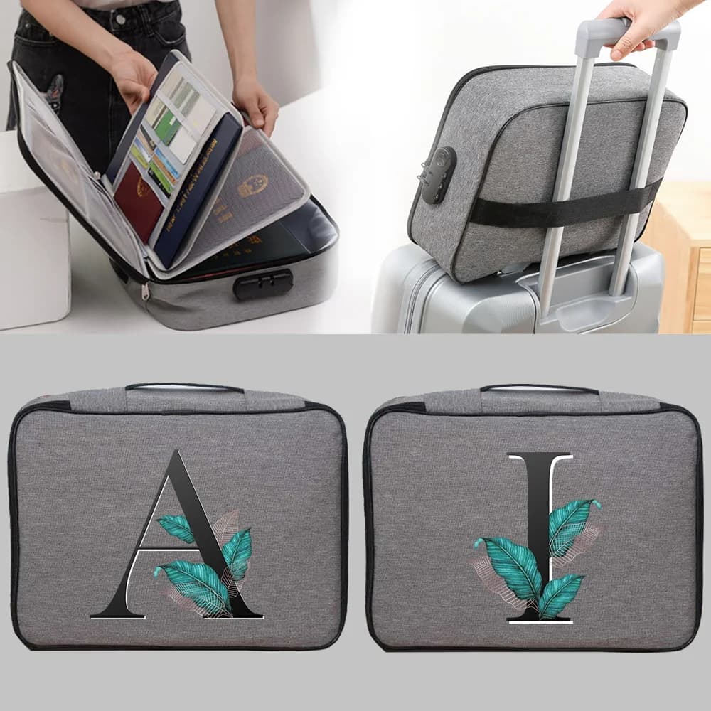 Document Storage Bag Organizer File Folder Passport Holder with Lock Briefcase Leaf Letter Print Privacy Case New Travel Handbag