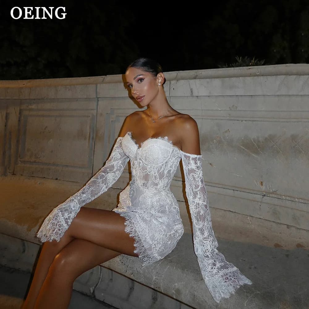 OEING Charming Lace Wedding Dresses Detachable Long Sleeves Sweetheart Mini Bridal Gown Robe De Mariage Party Dresses Customized