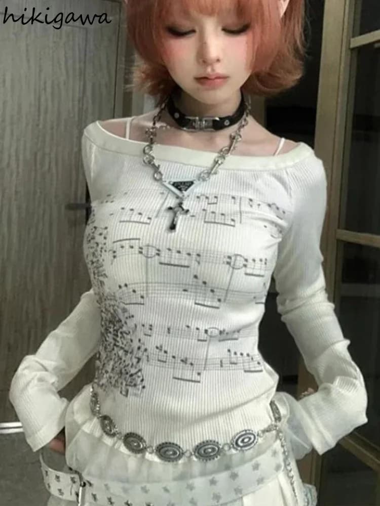 Punk T Shirts for Women Print Long Sleeve Tunic Tees Fashion Korean Camisetas Y2k Tops Slash Neck Casual Tshirts 2025 Ropa Mujer