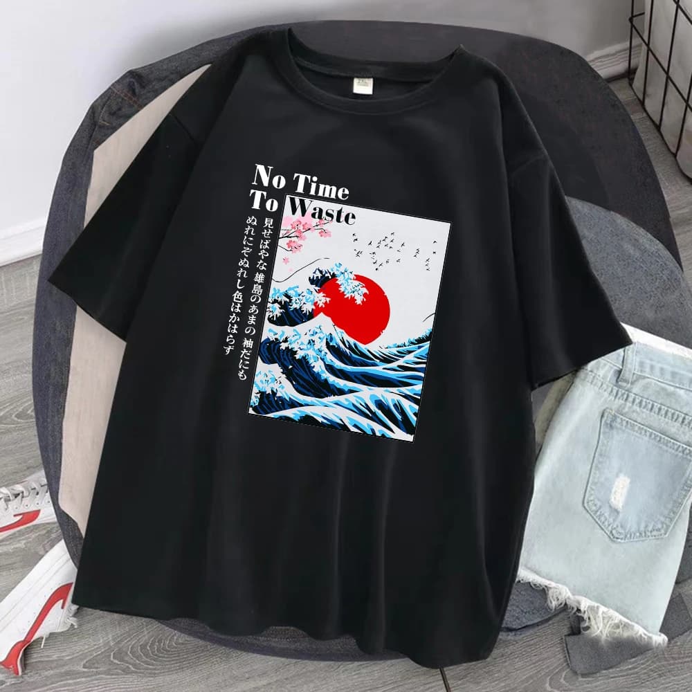 Japan Cherry Blossom Wave Sun Clothes Man Crewneck Oversize T Shirt Pattern Cotton Streetsweat Fashion Loose Short Sleeve Tshirt