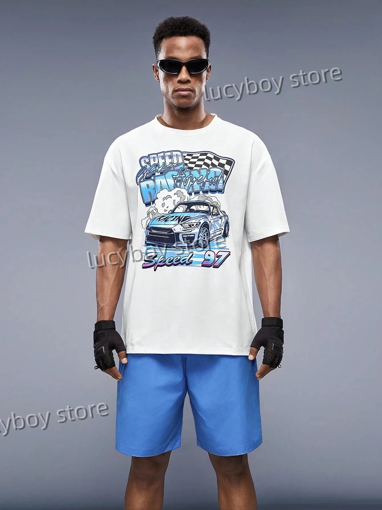 Car & Letter Graphic Printed Sport T-shirt+shorts Suit Set Men Male Casual Tracksuit Outfit Summer Oversized 2 Piece Set Clothes