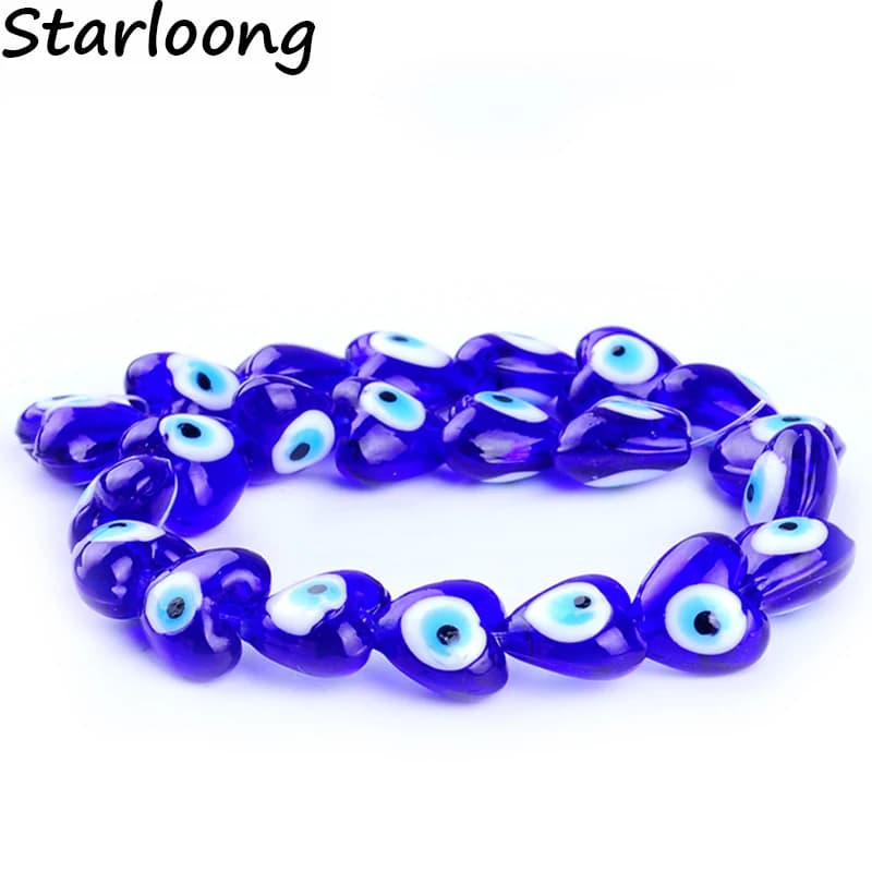 21pcs/string 15mm heart shape blue evil eye beads glazed glass lampwork beads for bracelet necklace DIY jewelry making