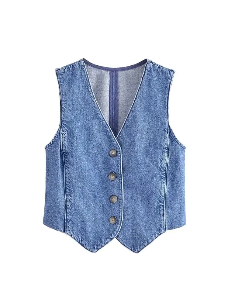 TRZA Women Fashion Front Button Denim Waistcoat Vintage V Neck Sleeveless Female Outerwear Chic Vest Tops