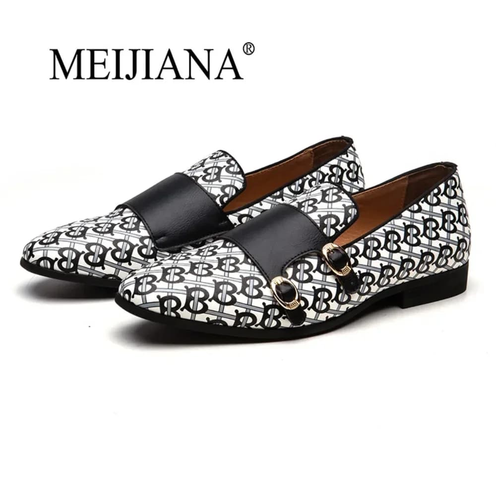 2024 New Men Party Casual Shoes Fashion Print Double Buckle Casual Slip On Formal Loafers Men Moccasins Flats Male Driving Shoes