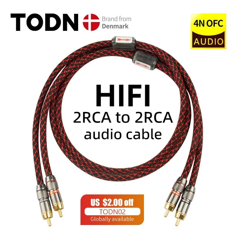 TODN 1 pair RCA audio cable 2 RCA to 2 RCA Interconnect Cables HIFI Stereo 4N OFC Male to Male For Amplifier DAC TV car audio