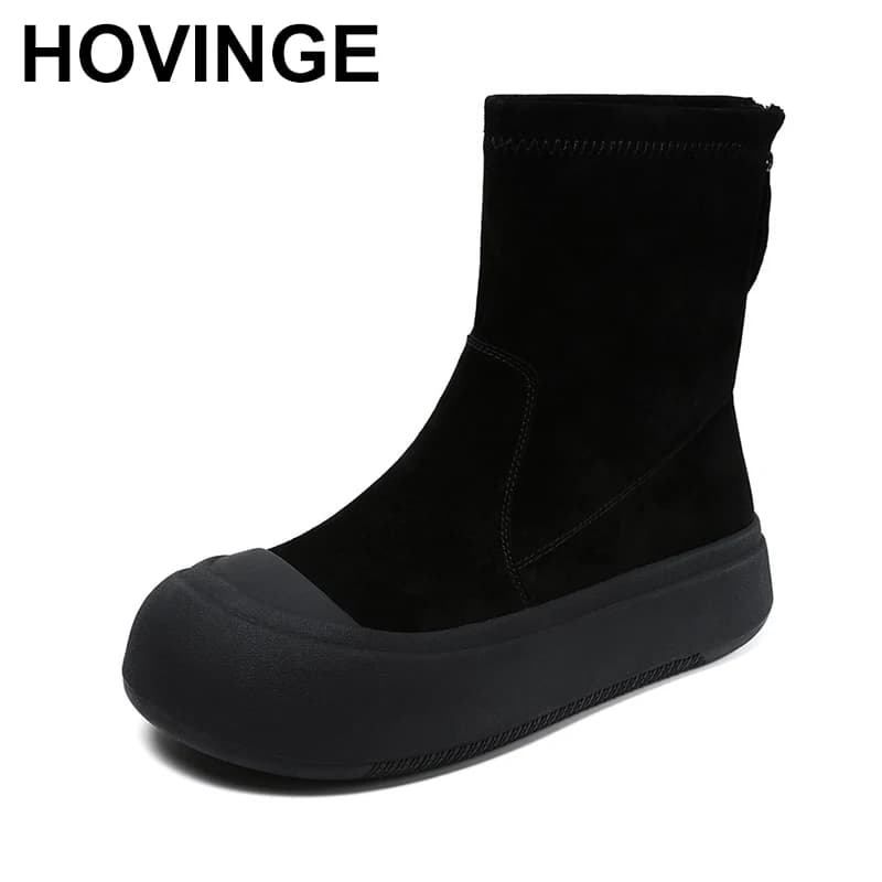 2024 Fashion Thick Bottom Mid Calf Boots Women Sheepskin Suede Round Toe Back Zipper Flat Platform Skinny Socks Boots