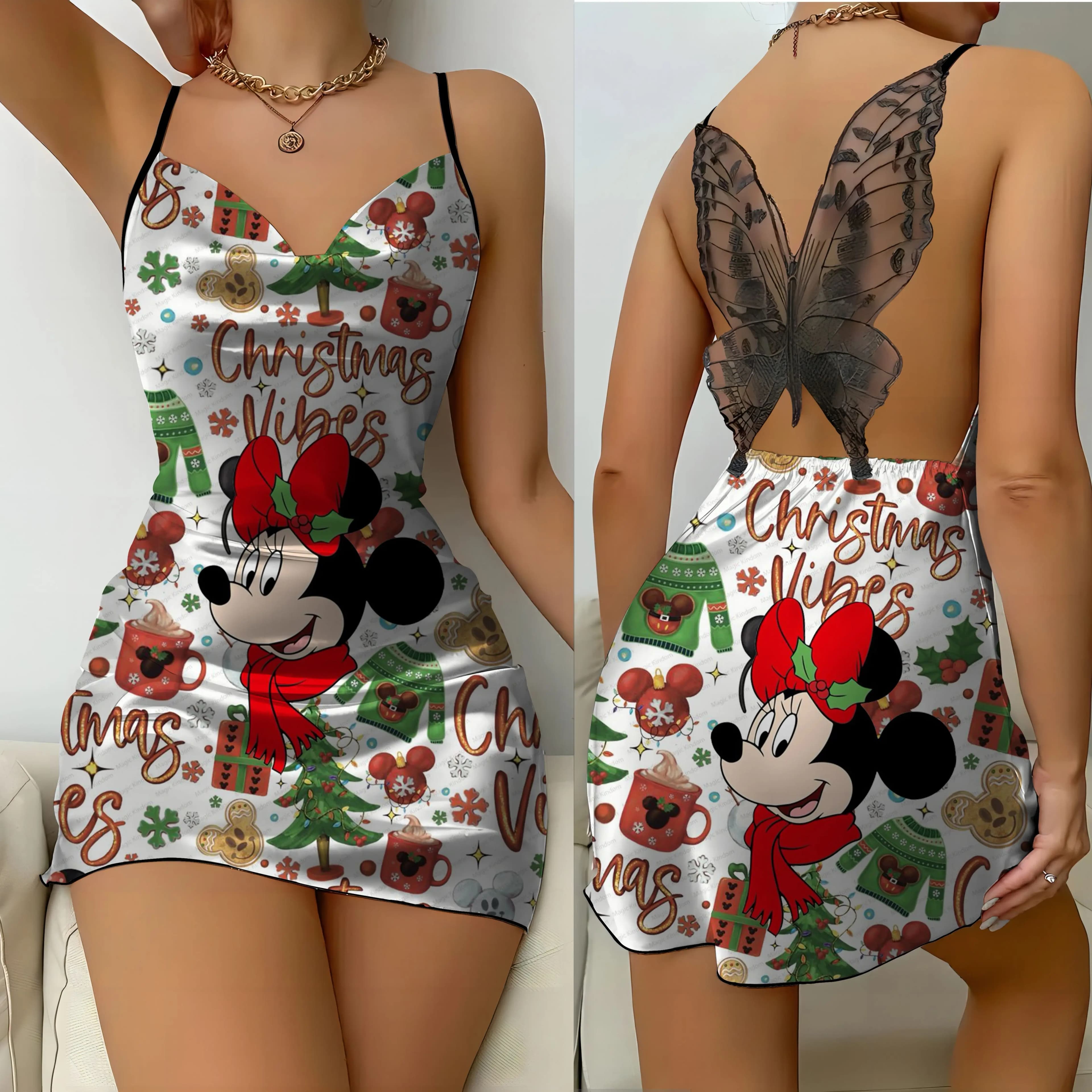 Disney Christmas Mini Dress Bow Knot Pajama Skirt Womens Dresses Satin Surface Stitch Party Sexy Lace Backless Slip Dress Disney
