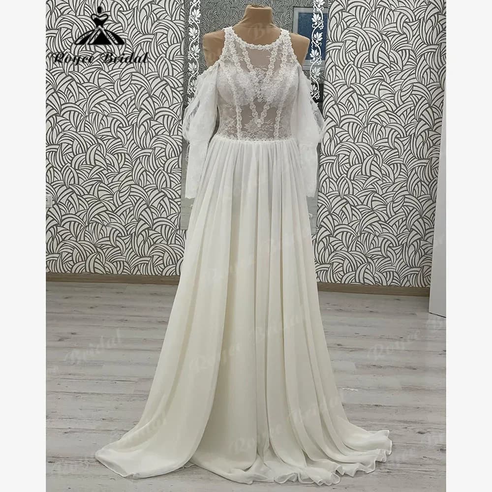 Roycebridal Off Shoulder Chiffon Lace Boho Flowy Wedding Dress for Women 2024 Illusion Beach Chic Bridal Gown Plus Size