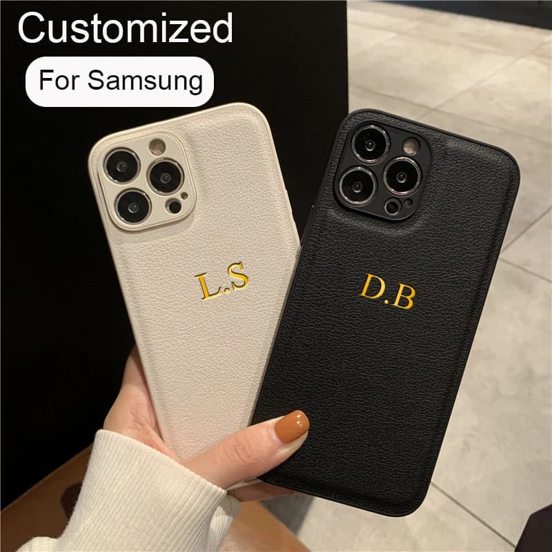 Personalised Customized Initials Name Leather Case For Samsung Galaxy S25 S24 S23 S22 S21 Ultra S20 FE A55 A54 A53 A52 A15 A14