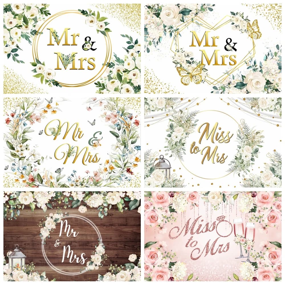 Mr Mrs Bride Shower Wedding Backdrop Miss to Mrs Bride To Be Engagement Ceremony Flowers Photography Background Photo Studio