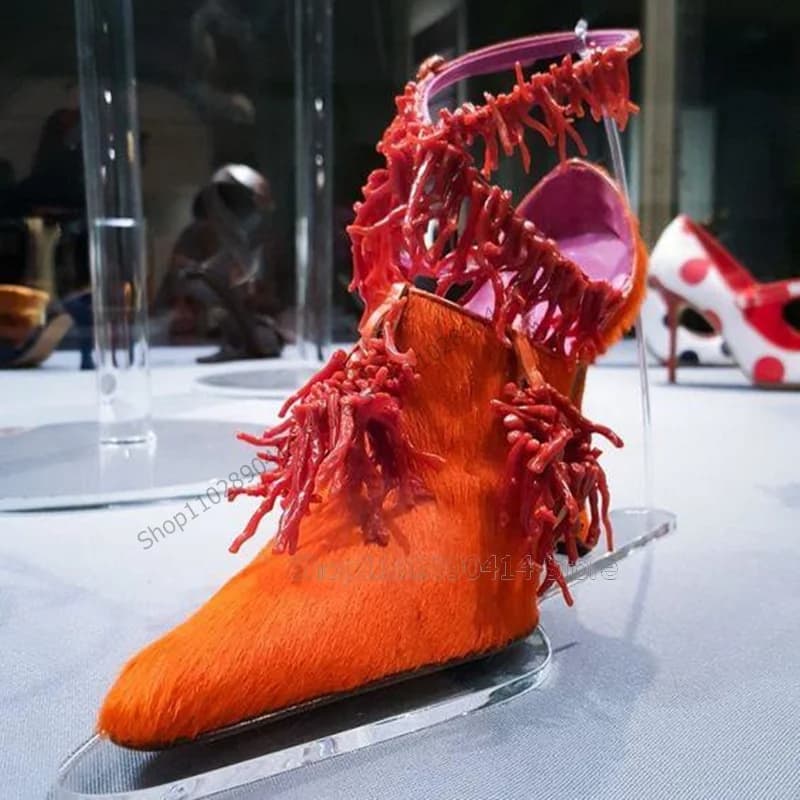 Orange Fur Decor Cut Heel Pointed Toe Pumps Slip On Women Shoes Thin High Heels Novel Fashion Banquet 2024 Zapatos Para Mujere