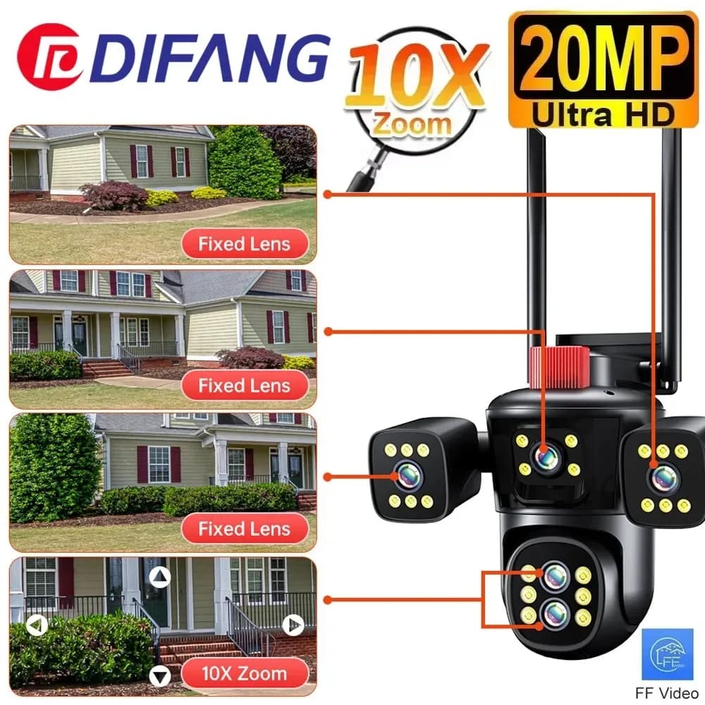 20MP WiFi Network Camera 10K Wireless Outdoor 10X Zoom Four Screen Four Lens PTZ Automatic Tracking Waterproof Security Cam CCTV