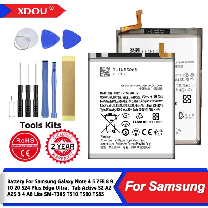 Battery For Samsung Galaxy Note 4 5 7FE 8 9 10 20 S24 Plus Edge Ultra，Tab Active S2 A2 A2S 3 4 A8 Lite SM-T365 T510 T560 T585
