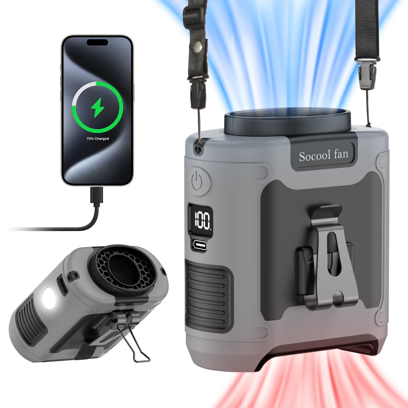 Socool Fan 10000mAh Waist Fan Portable Hanging Neck Fan Ultra-Strong Wind with Phone Charging LED Light for Outdoor Working