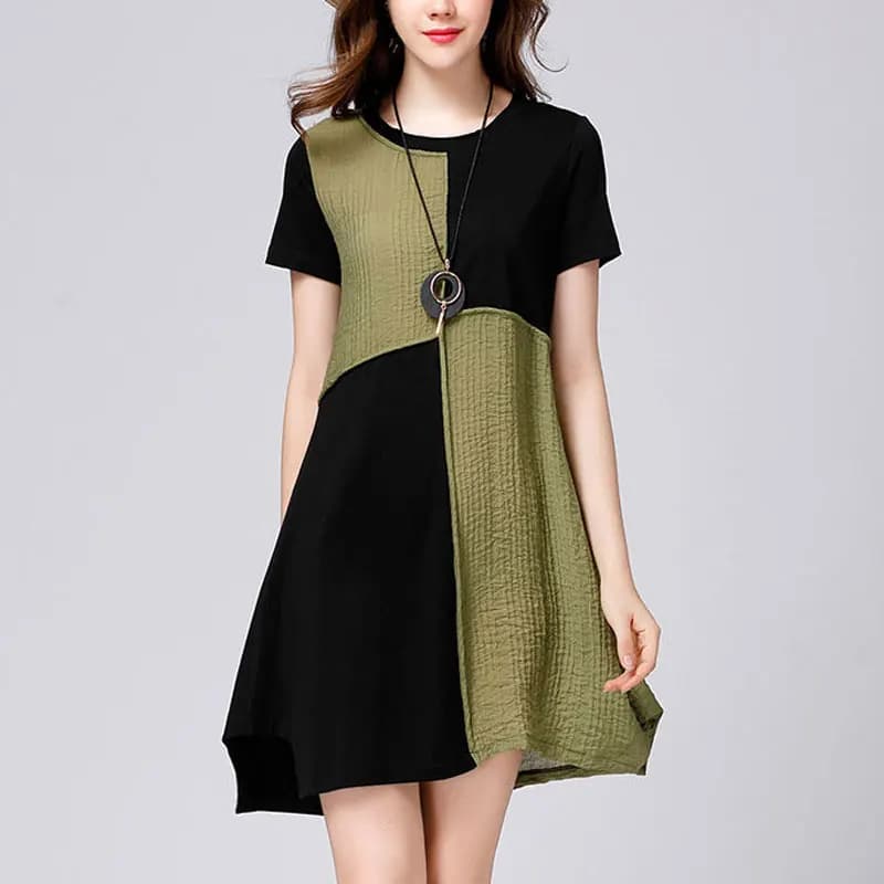 Stylish Asymmetrical Patchwork Dresses Female Clothing Casual Irregular 2024 Summer Short Sleeve All-match Round Neck Midi Dress