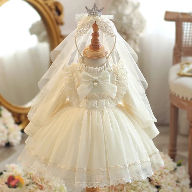 1 year Flower Girl Dresses TuTu Birthday Wedding Lace Children's Princess Gowns Baptism Party Fluffy Wedding Tulle Dress+Headwea