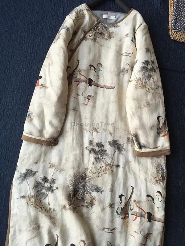 2025 literature art retro zen robe chinese tang style character landscape printing qipao leisure warm thicken cotton linen qipao