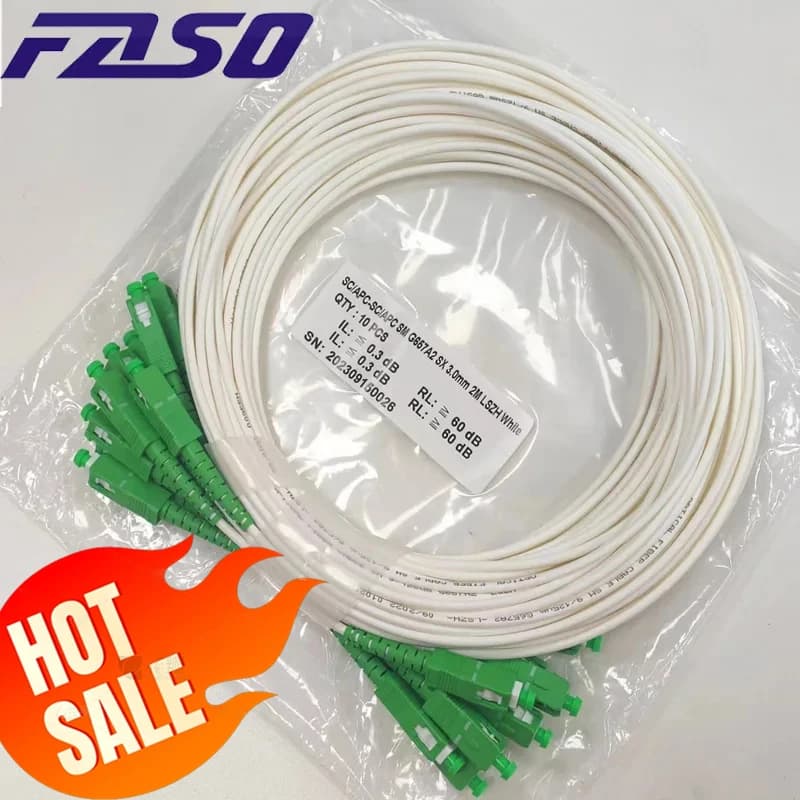FASO 50Pcs SC/APC-SC/APC Fiber Optic Path Cord Single Mode G657A2 Simplex 3.0mm White LSZH Jacket Fiber Cables Optical Fiber
