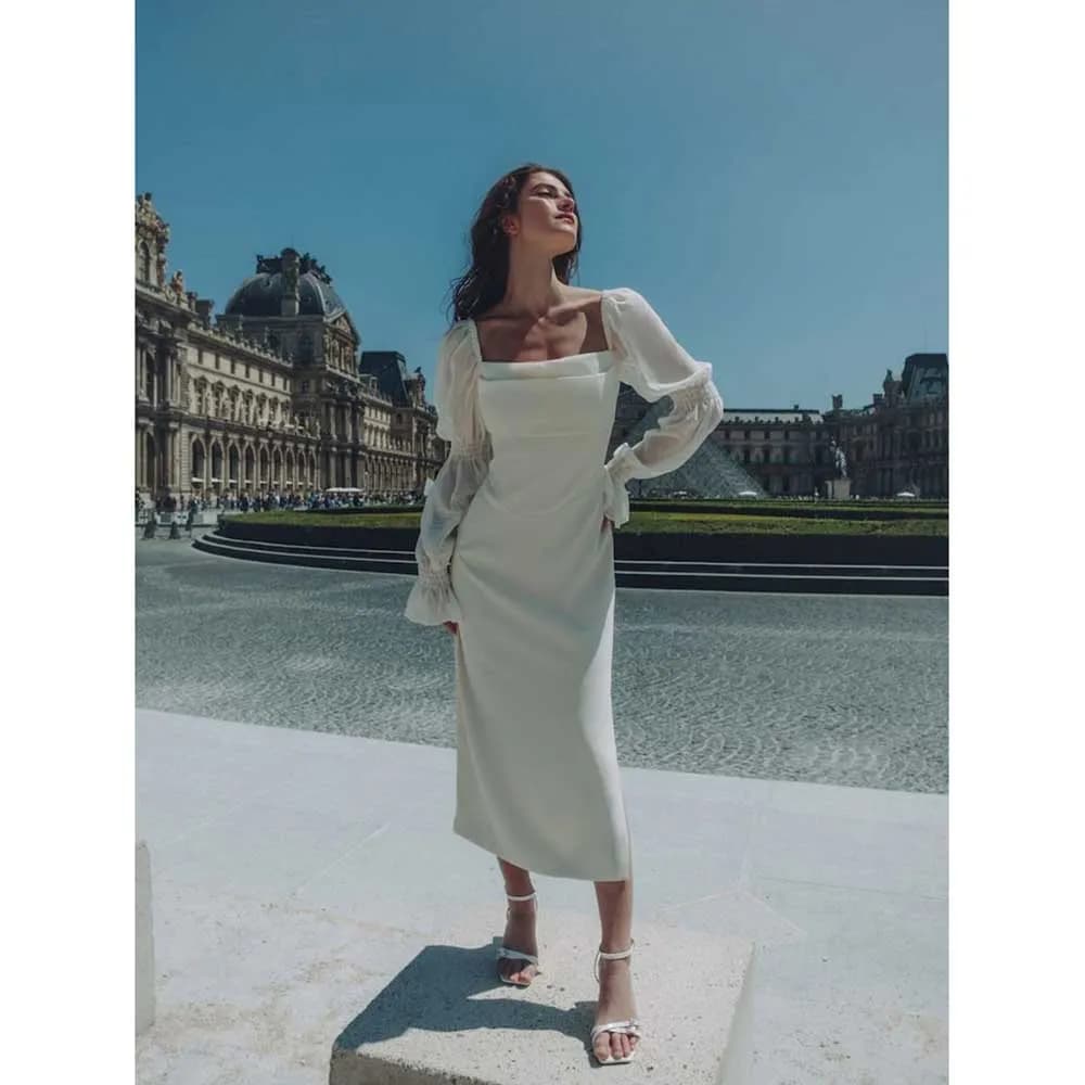 Elegant Autumn White Women Prom Dresses Tea Length Full Sleeves Square Collar Fashion Chic Slim Fit Pretty Female Party Gowns