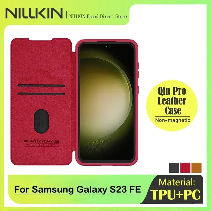 NILLKIN Flip Wallet Leather Case for Samsung Galaxy S23 FE, Camera Protection, Back Cover WIth Kickstand, Qin Pro, Card Pocket